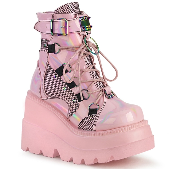 Baby Pink Hologram Women's Demonia Shaker - 60 Wedge Platform Lace-Up Ankle-high Boots | RK8294153