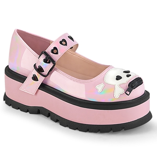 Baby Pink Hologram Women's Demonia Slacker - 27 Mary Jane Platforms | IP9143726