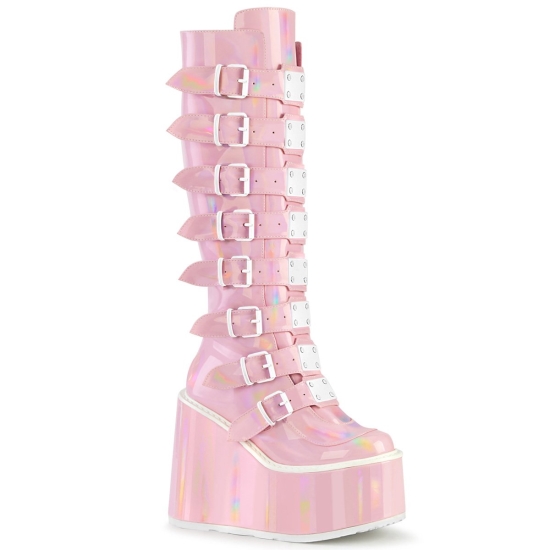 Baby Pink Hologram Women's Demonia Swing - 815 Platform Knee-high Boots | AG2546980