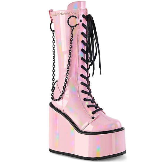 Baby Pink Holographic Stretch Patent Women's Demonia Swing - 150 Wedge Platform Lace-Up Ankle-high B