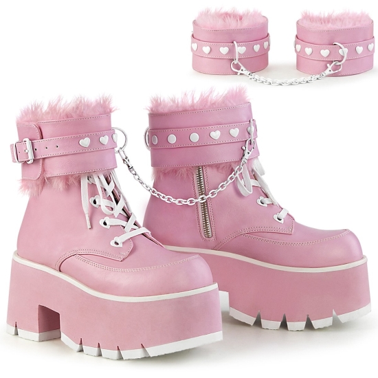 Baby Pink Vegan Leather Women's Demonia Ashes - 57 Platform Lace-Up Ankle-high Boots | NC9602587