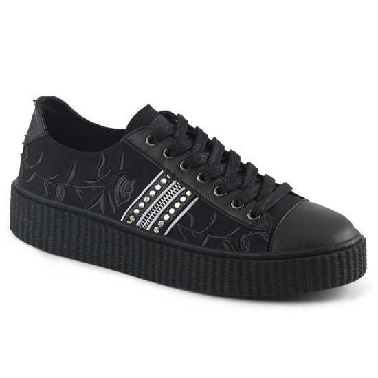 Black Canvas-Black Faux Leather Men's Demonia Sneeker - 106 Platform Lace-Up Low Top Sneakers | MU0