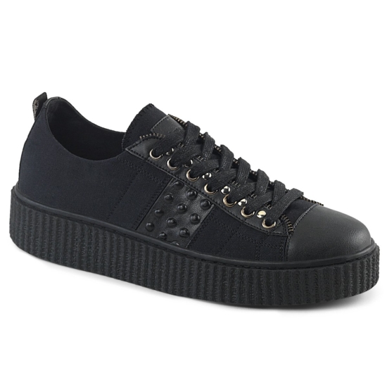 Black Canvas-Black Faux Leather Men's Demonia Sneeker - 107 Platform Lace-Up Low Top Sneakers | VE1