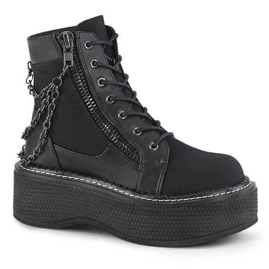 Black Canvas-Vegan Leather Women's Demonia Emily - 114 Platform Lace-Up Ankle-high Boots | BP256094