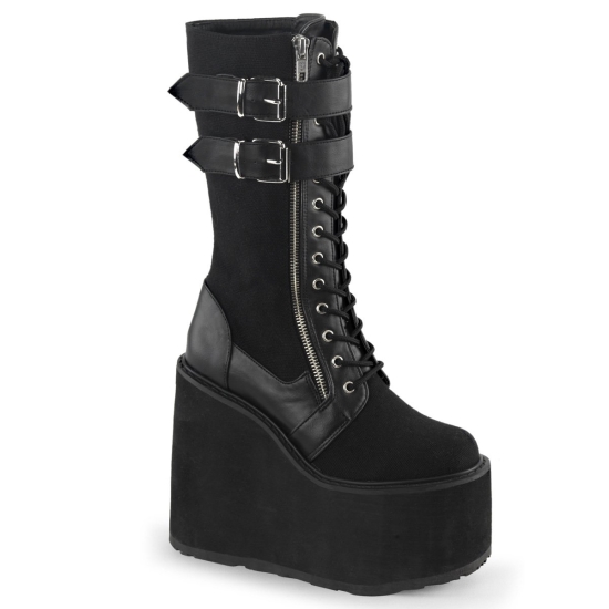 Black Canvas-Vegan Leather Women's Demonia Swing - 221 Wedge Platform Lace-Up Knee-high Boots | GE1