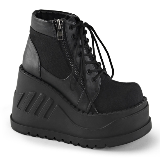 Black Canvas-Vegan Leather Women's Demonia Stomp - 10 Wedge Platform Lace-Up Ankle-high Boots | KL7