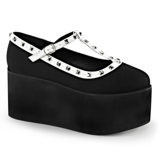 Black Canvas -White Vegan Leather Women's Demonia Click - 07 Two Tone T-Strap Platforms | NU1286049