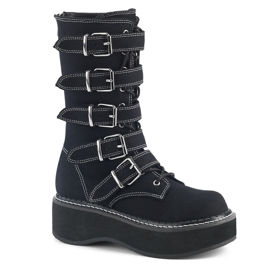 Black Canvas Women's Demonia Emily - 341 Platform Lace-Up Mid-Calf Knee-high Boots | FX3524086