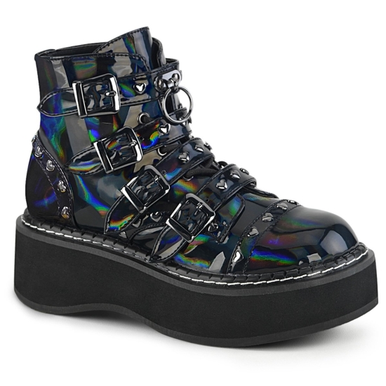 Black Hologram Vegan Leather Women's Demonia Emily - 315 Platform Lace-Up Ankle-high Boots | EQ0641