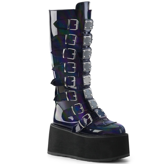 Black Hologram Vegan Leather Women's Demonia Damned - 318 Platform Knee-high Boots | IM1860359