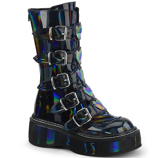 Black Hologram Women's Demonia Emily - 330 Platform Mid-Calf Knee-high Boots | YW3097416