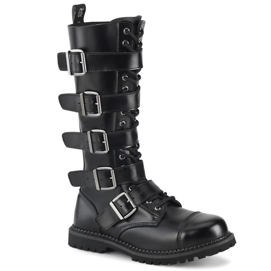 Black Leather Men's Demonia Riot - 18BK Lace-Up Knee-high Boots | YR9284135