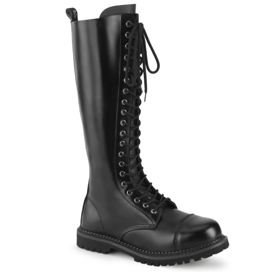 Black Leather Men's Demonia Riot - 20 Lace-Up Knee-high Boots | LM2378496