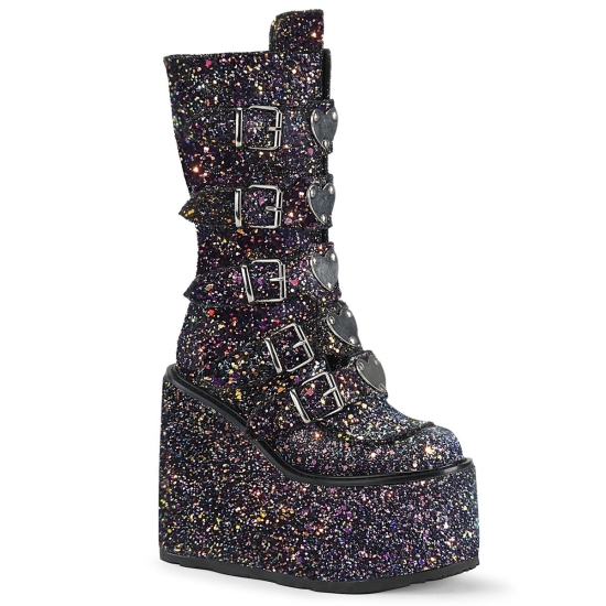 Black Multi Glitter Women's Demonia Swing - 230G Platform Mid-Calf Knee-high Boots | BW4167920