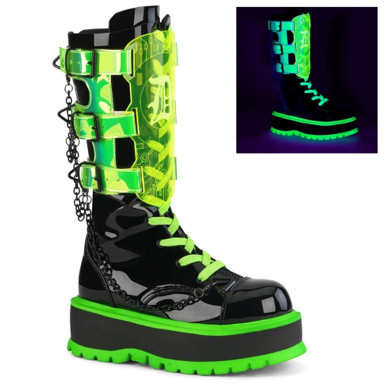 Black Patent-UV Neon Green Women's Demonia Slacker - 156 Platform Lace-Up Mid-Calf Ankle-high Boots