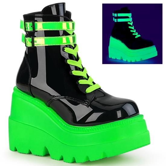 Black Patent-UV Neon Green Women's Demonia Shaker - 52 Wedge Platform Lace-Up Ankle-high Boots | ST