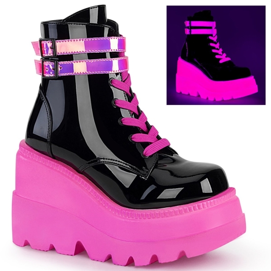 Black Patent-UV Neon Pink Women's Demonia Shaker - 52 Wedge Platform Lace-Up Ankle-high Boots | EN5