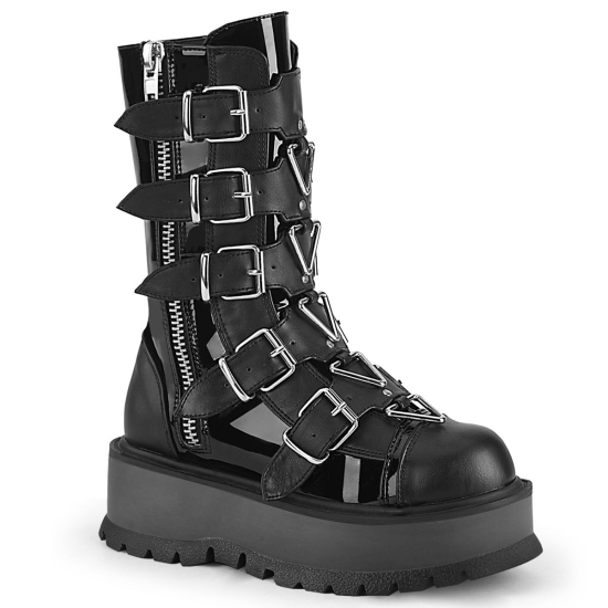 Black Patent-Vegan Leather Women's Demonia Slacker - 160 Platform Lace-Up Mid-Calf Ankle-high Boots