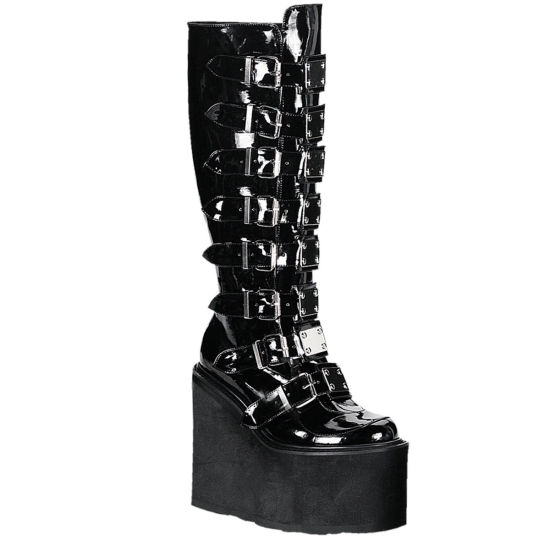 Black Patent Women's Demonia Swing - 815 Wedge Platform Knee-high Boots | HQ0136798