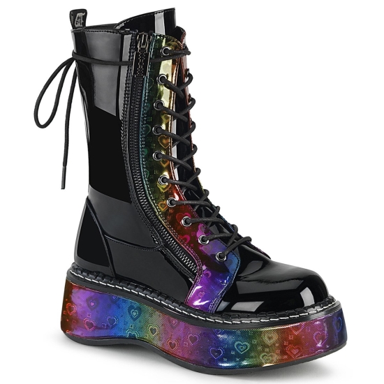 Black Rainbow Hologram w Women's Demonia Emily - 350 Platform Lace-Up Mid-Calf Knee-high Boots | OS