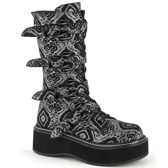 Black-Silver Faux Nubuck Leather Women's Demonia Emily - 322 Platform Lace-Up Mid-Calf Knee-high Boo