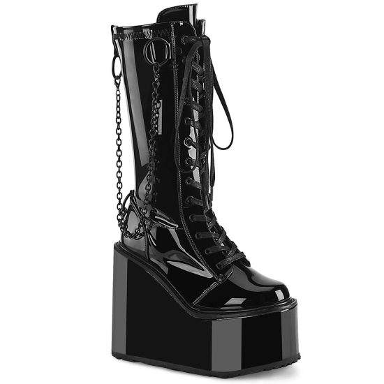 Black Stretch Patent Women's Demonia Swing - 150 Wedge Platform Lace-Up Ankle-high Boots | NE429785