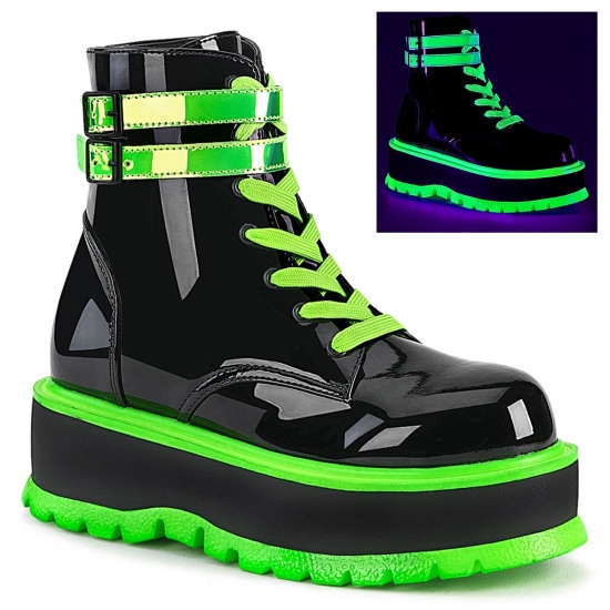 Black UV Iridescent Green Women's Demonia Slacker - 52 Platform Lace-Up Ankle-high Boots | OK609514