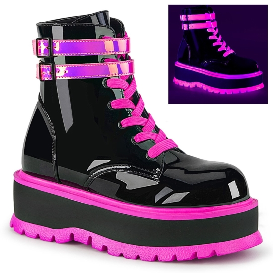 Black UV Iridescent Pink Women's Demonia Slacker - 52 Platform Lace-Up Ankle-high Boots | ZW0946872