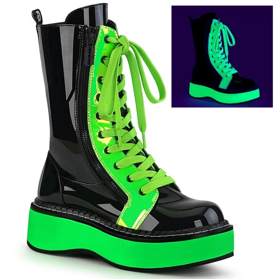 Black UV Neon Green Women's Demonia Emily - 350 Platform Lace-Up Mid-Calf Knee-high Boots | EK51976