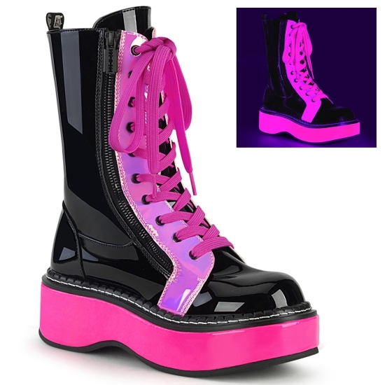 Black UV Neon Pink Women's Demonia Emily - 350 Platform Lace-Up Mid-Calf Knee-high Boots | JI496317