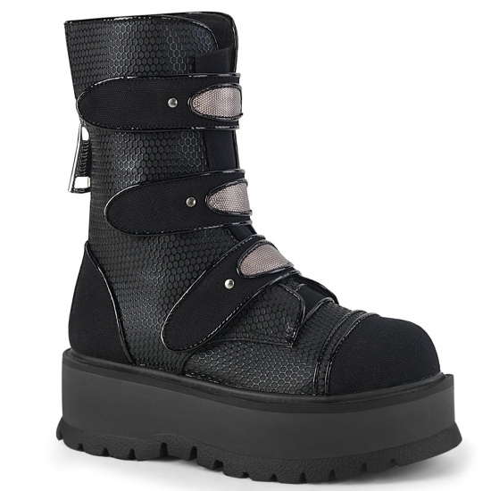 Black Vegan Leather-Canvas Women's Demonia Slacker - 101 Platform Lace-Up Mid-Calf Ankle-high Boots