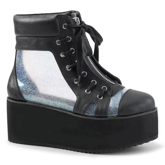 Black Vegan Leather-Clear Hologram TFaux Leather Women's Demonia Grip - 102 Platform Ankle-high Boot