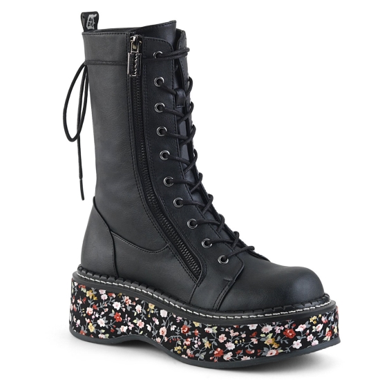 Black Vegan Leather-Floral Fabric Women's Demonia Emily - 350 Platform Lace-Up Mid-Calf Knee-high Bo