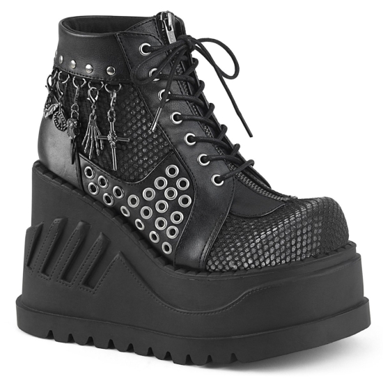 Black Vegan Leather-Gray Velvet Women's Demonia Stomp - 18 Platform Lace-Up Wedge Ankle-high Boots