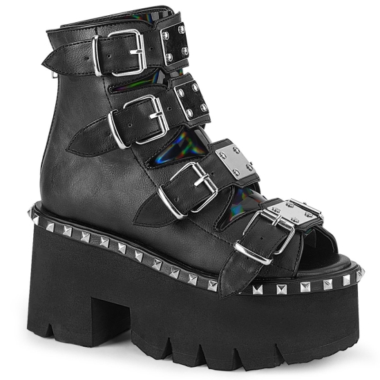 Black Vegan Leather & Hologram Women's Demonia Ashes - 70 Platform Ankle-high Boots | LR6548921