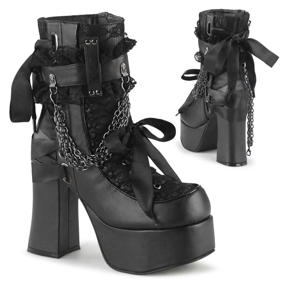 Black Vegan Leather-Lace Overlay Women's Demonia Charade - 110 Platform Lace-Up Ankle-high Boots |