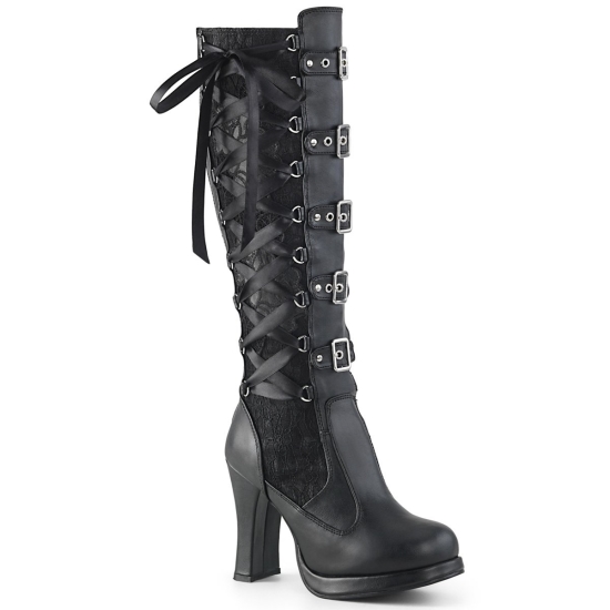 Black Vegan Leather-Lace Women's Demonia Crypto - 106 Platform Knee-high Boots | HA9153046