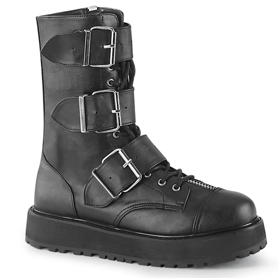 Black Vegan Leather Men's Demonia Valor - 210 Lace-Up Mid-Calf Platforms | RY0625198