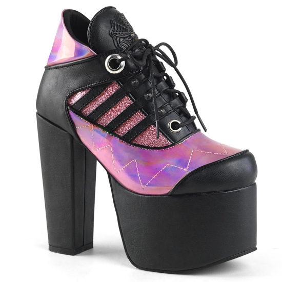 Black Vegan Leather-Pink Hologram Women's Demonia Torment - 216 Platform Lace-Up Ankle-high Boots |