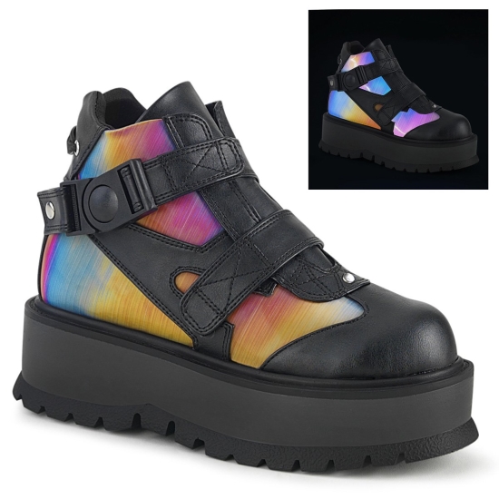 Black Vegan Leather-Rainbow Reflective Women's Demonia Slacker - 32 Platform Ankle-high Boots | TV8