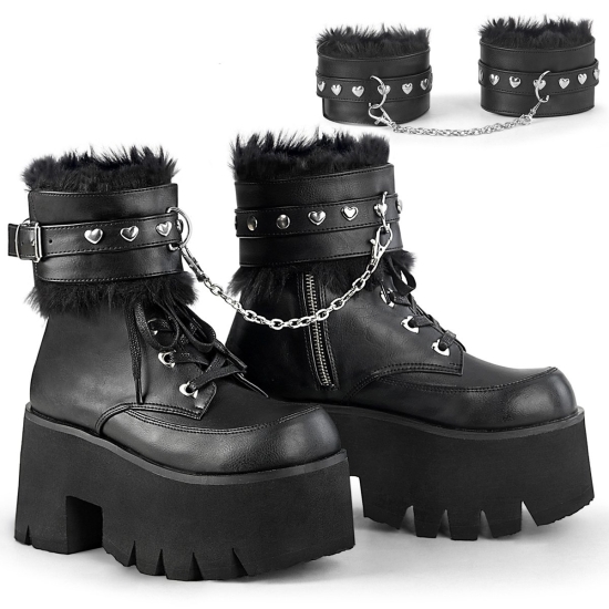 Black Vegan Leather Women's Demonia Ashes - 57 Platform Lace-Up Ankle-high Boots | LT5017682