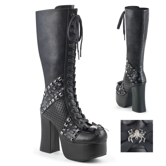 Black Vegan Leather Women's Demonia Charade - 150 Platform Lace-Up Knee-high Boots | SF1095368