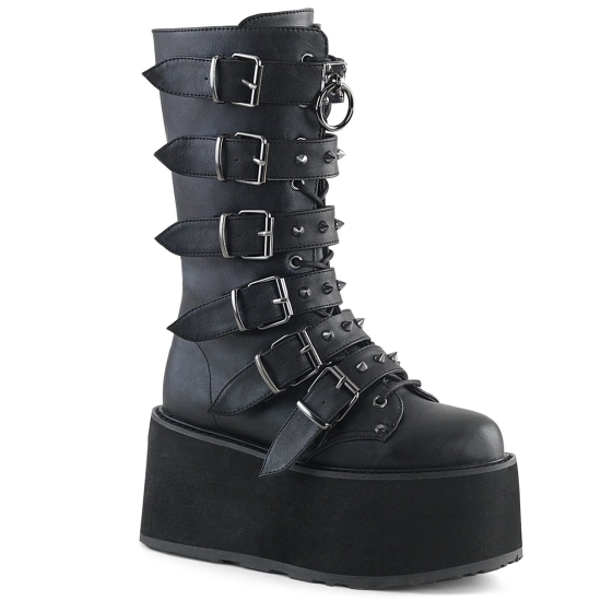 Black Vegan Leather Women's Demonia Damned - 225 Platform Lace-Up Mid-Calf Knee-high Boots | ZC9186