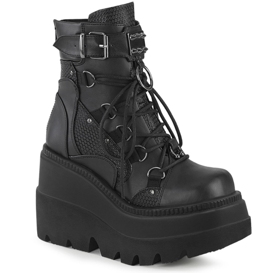 Black Vegan Leather Women's Demonia Shaker - 60 Wedge Platform Lace-Up Ankle-high Boots | FR5906247