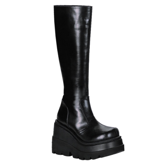 Black Vegan Leather Women's Demonia Shaker - 100 Wedge Platform Knee-high Boots | OM0618254