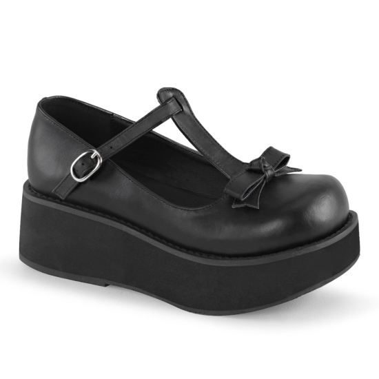 Black Vegan Leather Women's Demonia Sprite - 03 T-Strap Platforms | CW4156803