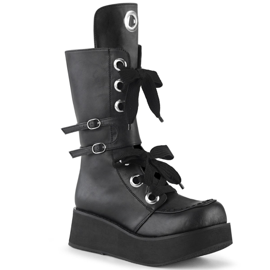 Black Vegan Leather Women's Demonia Sprite - 210 Platform Lace-Up Mid-Calf Knee-high Boots | DF2051