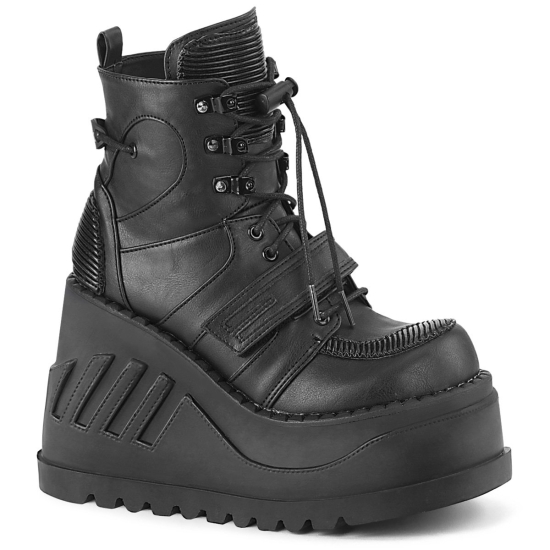 Black Vegan Leather Women's Demonia Stomp - 13 Wedge Platform Lace-Up Ankle-high Boots | FZ6198073