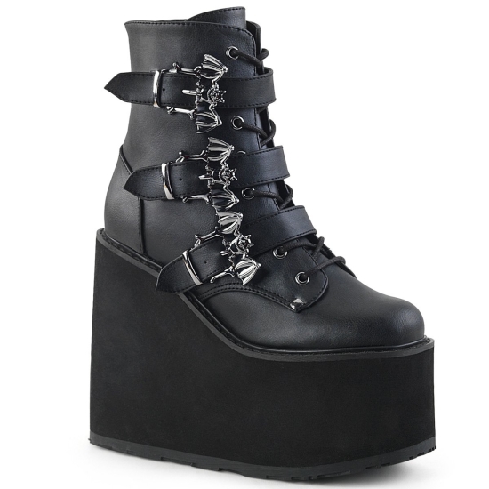 Black Vegan Leather Women's Demonia Swing - 103 Wedge Platform Lace-Up Ankle-high Boots | DB2037659