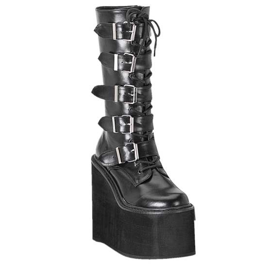 Black Vegan Leather Women's Demonia Swing - 220 Wedge Platform Knee-high Boots | TA6418509